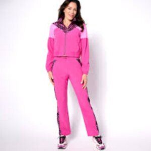 Diane Von Furstenberg X Skechers Track Suit Pink Leopard Trim Sz LG NWT 2 pc
